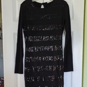 Stretch Jersey & Sequin Stripe Little Black Dress